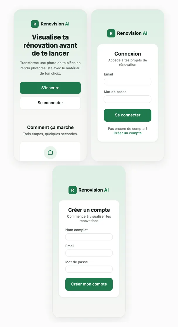 Trois écrans mobiles de Renovision AI : accueil avec boutons S'inscrire et Se connecter, formulaire de connexion et formulaire de création de compte.